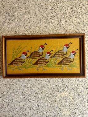 Vintage 1971  Framed Cross-Stitch Quail Panel in Mustard Yellow